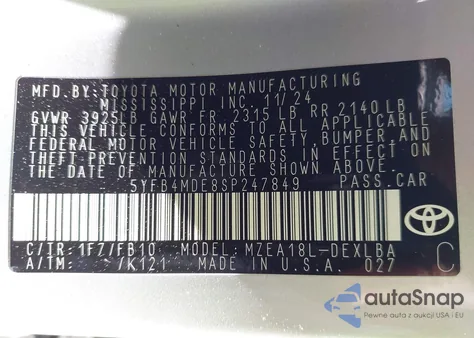 2025 Toyota Corolla Le из США, поврежденный, VIN 5YFB4MDE8SP247849